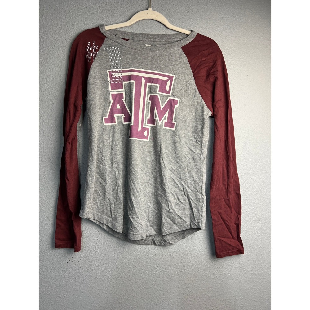 Texas A&M University Raglan Long Sleeve Shirt Gray Maroon Rhinestone Size M